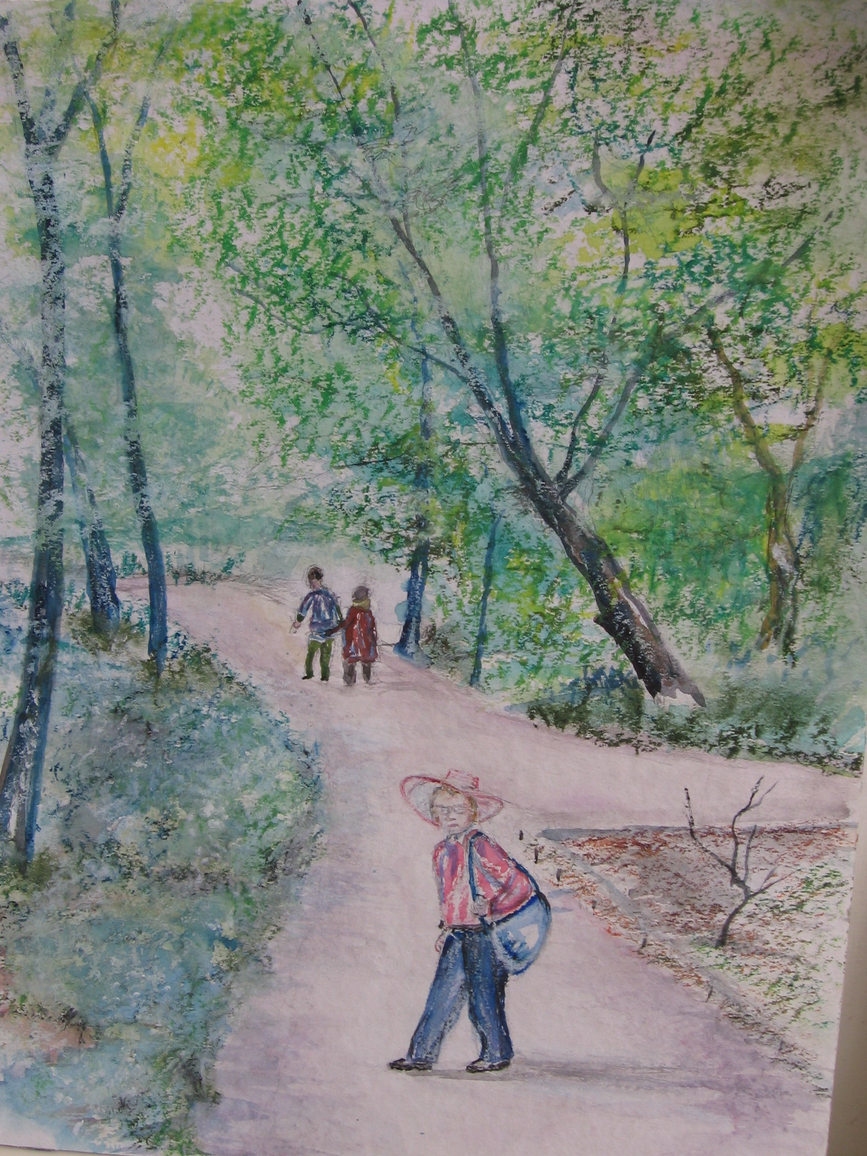 a painting of a Phillis walking down a path